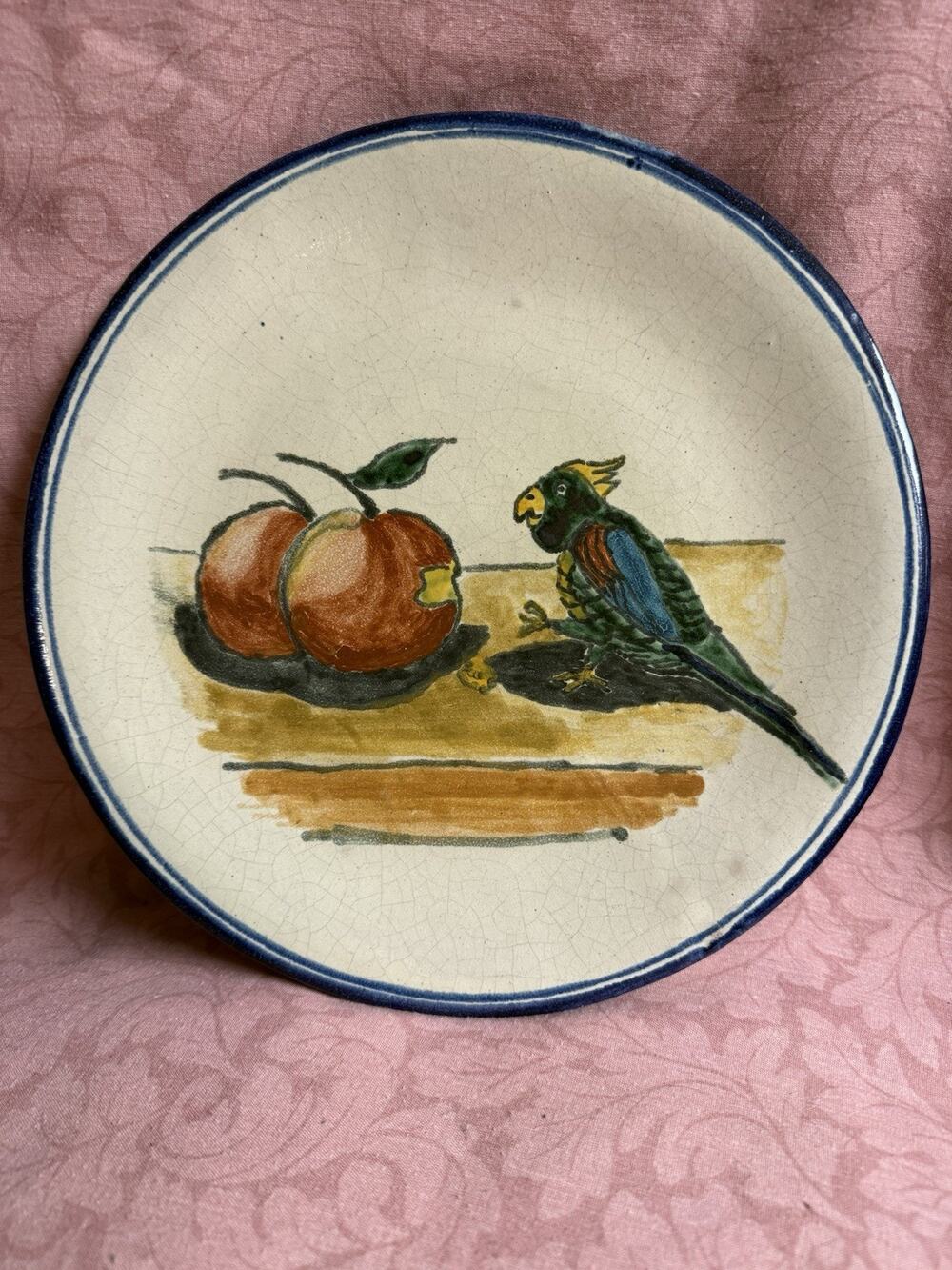 Vintage 10" Pottery Hand Painted Redware Plate Bird w Peaches